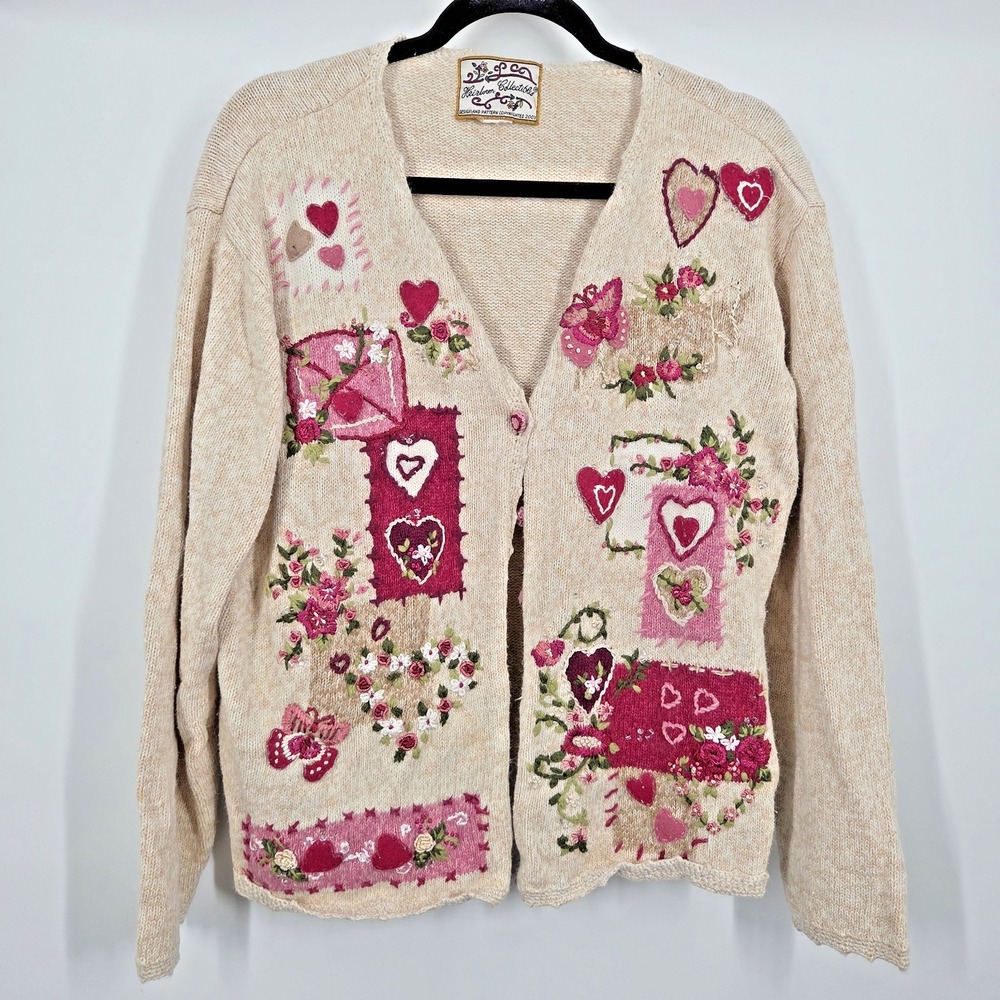 Vintage Heirloom Collectibles Patchwork Cardigan L Cottagecore Valentine Hearts